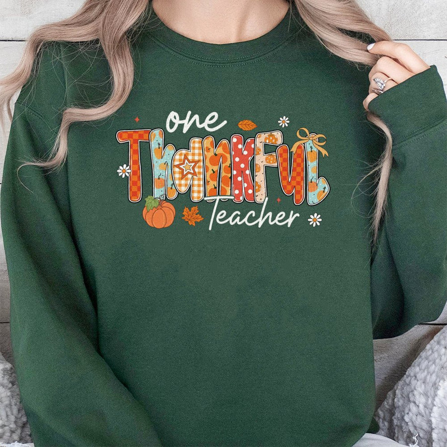 One Thankful Teacher Sweatshirt | Preppy Fall Pumpkin Design | Premium Cotton-Poly Blend | Cute Thanksgiving Teacher Gift for Women