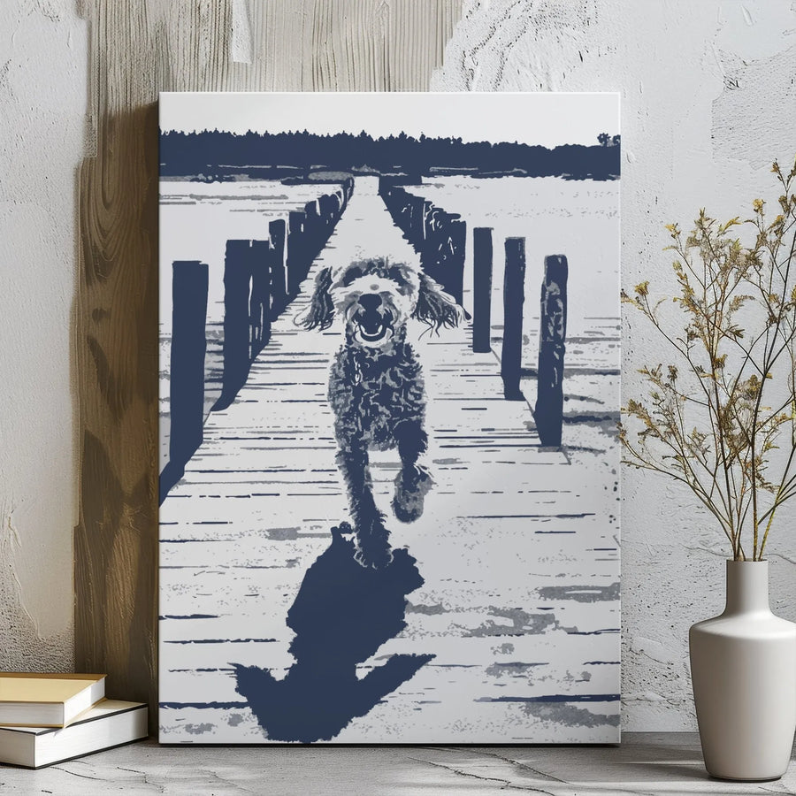 Doodle Dog Wall Art | Happy Labradoodle Running on Pier Print | Gallery Wrap Canvas | Premium Pet Lover Home Decor Gift