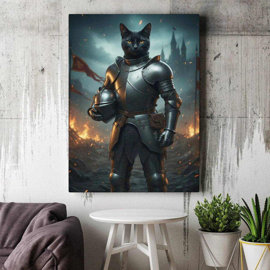 Black Cat Knight Canvas Wall Art | Medieval Warrior Fantasy Portrait | Premium Gallery Wrapped Canvas | Gift for Cat Lovers & Gamers