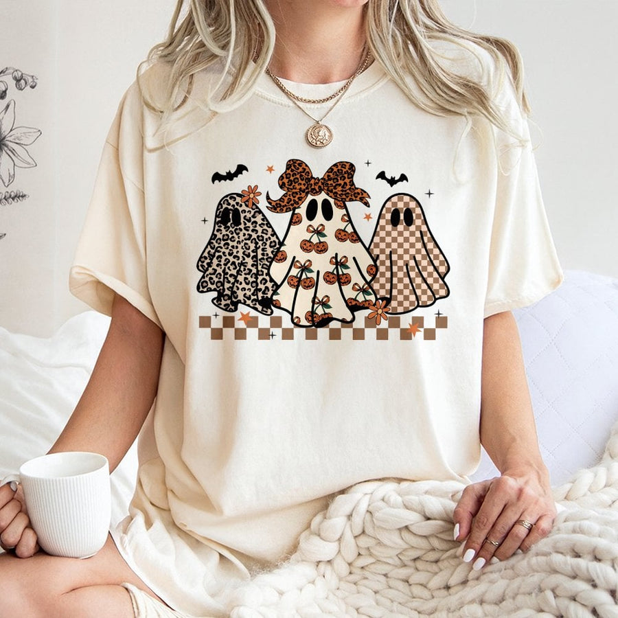 Preppy Halloween Ghost T-Shirt | Leopard Print and Checkerboard Spooky Design | Premium 100% Cotton | Cute Fall Gift for Women and Teens