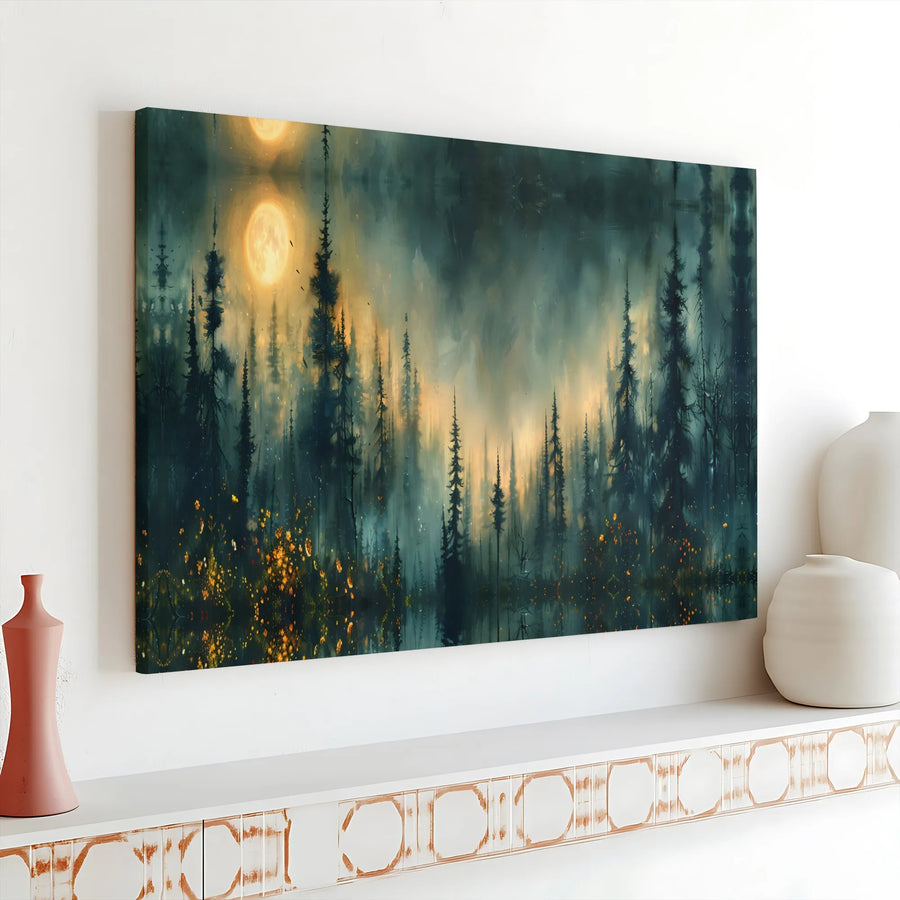 Misty Forest Landscape Canvas | Moody Two Moon Night Reflection Art | Premium Gallery Wrapped Wall Decor | Atmospheric Nature Gift for Home