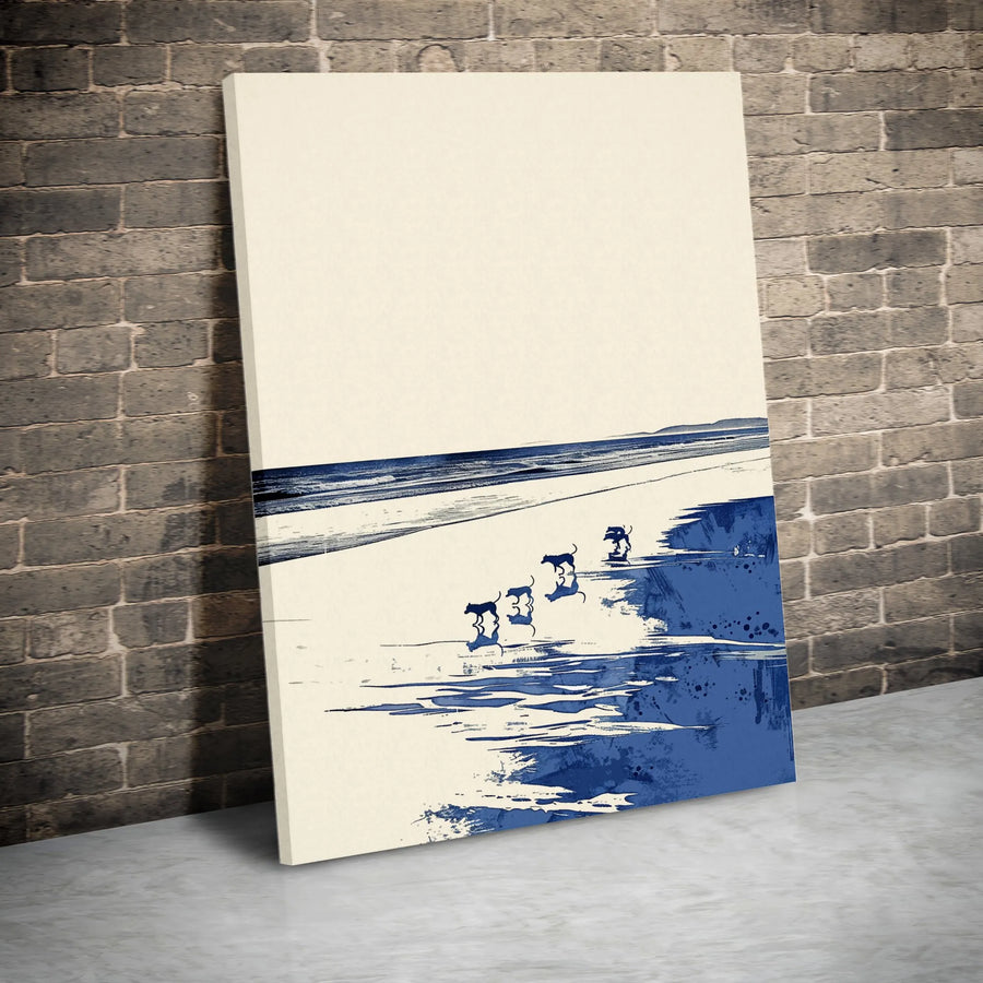 Coastal Dog Wall Art | Blue and White Beach Landscape Canvas | Premium 1.25" Thick Gallery Wrap | Modern Home Decor Gift