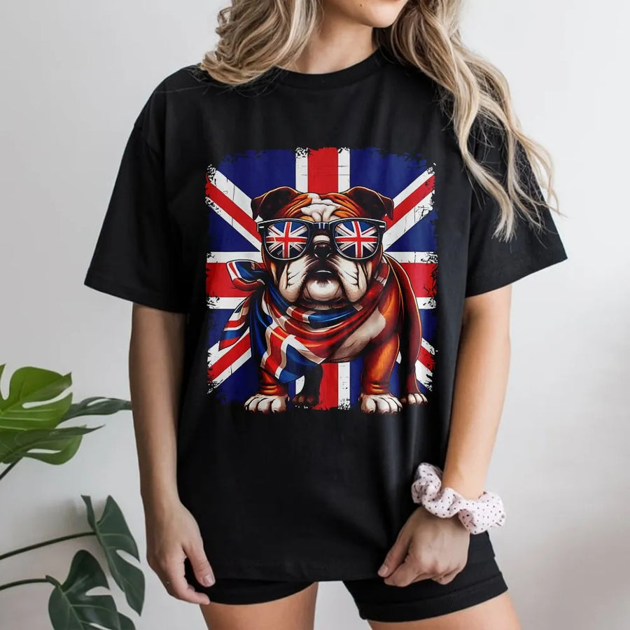 British Bulldog T-Shirt | Union Jack Dog Graphic With Sunglasses | 100% Cotton Premium Tee | Patriotic UK England Souvenir Gift For Dog Lovers