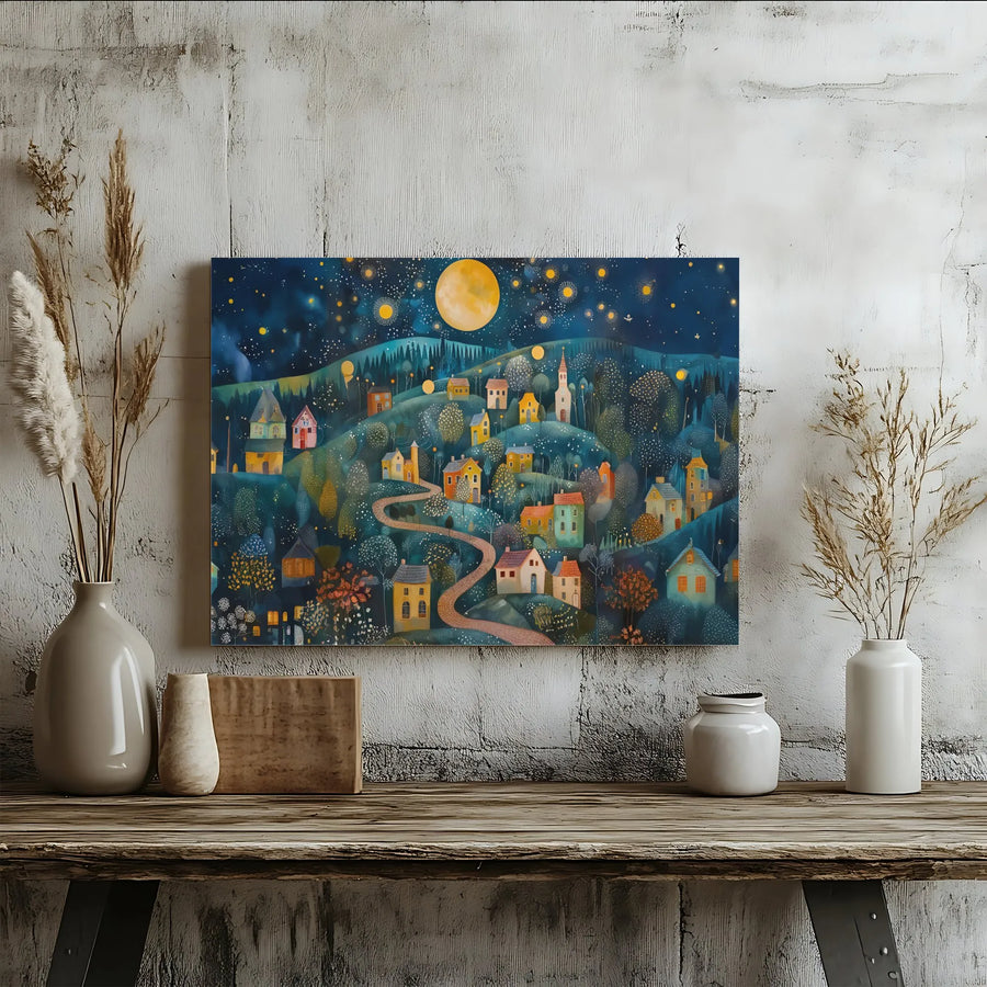 Whimsical Village Canvas Print | Starry Night Moon Landscape Art | 1.25-Inch Gallery Wrap | Magical Fairytale Wall Decor for Bedroom or Living Room