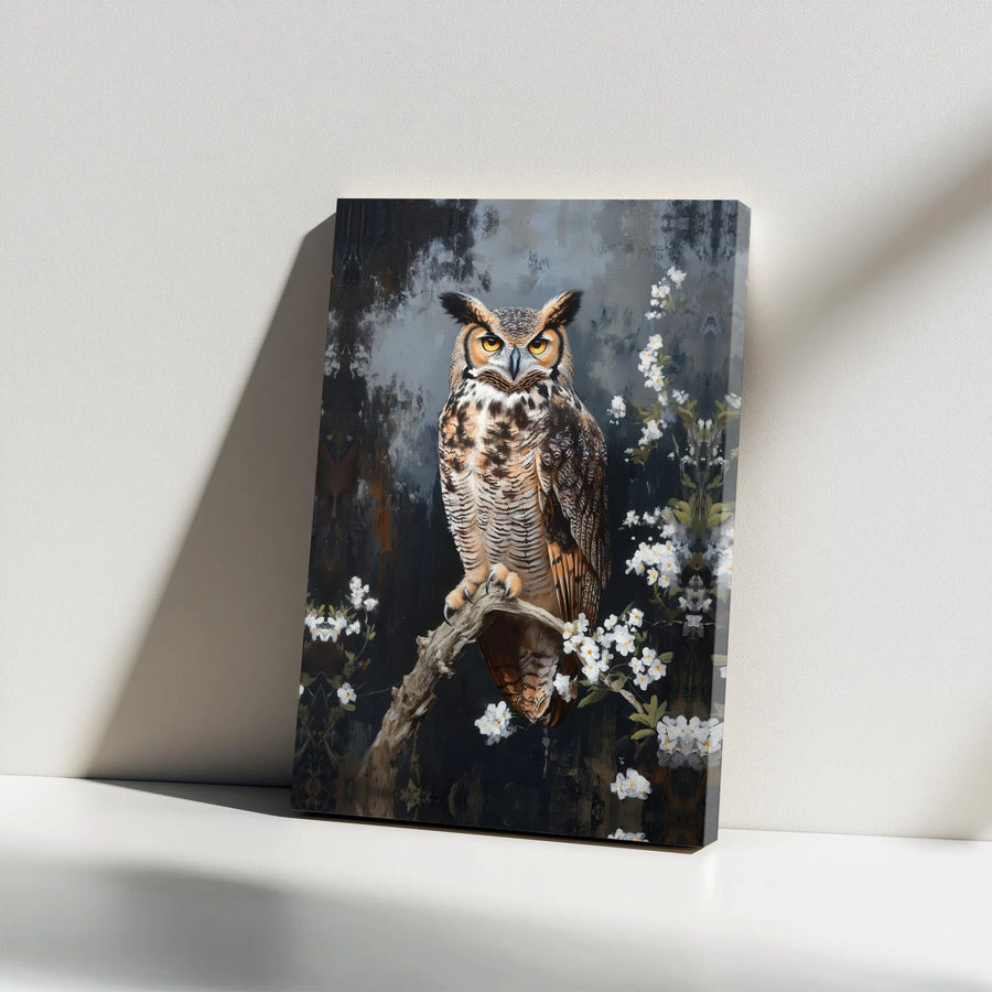 Great Horned Owl Canvas Wall Art | Moody Forest Wildlife Painting | Premium Gallery Wrap Print | Nature Lover Home Decor Gift