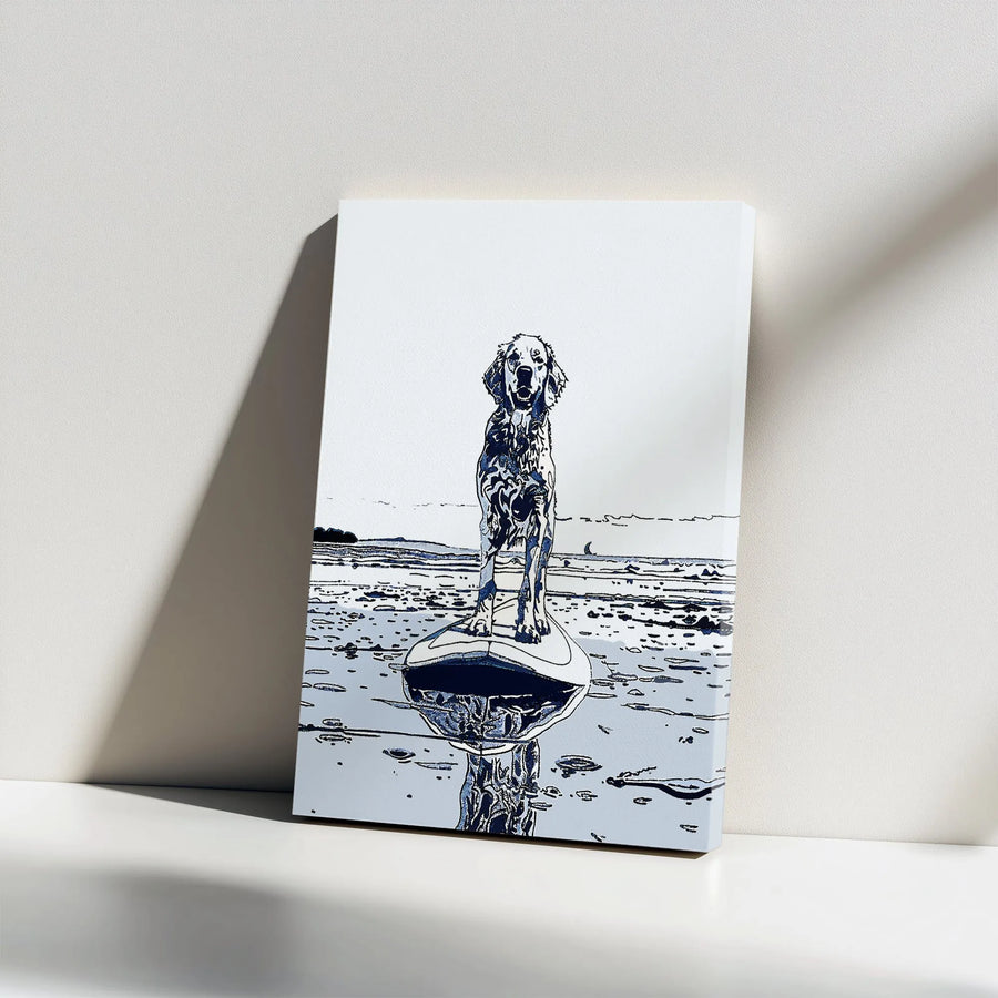 Surfing Golden Retriever Canvas Wall Art | Sketch Style Surfer Dog at Beach | Premium 1.25" Thick Print | Gift for Dog Lover, Coastal Home Decor