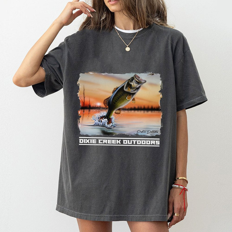 Bass Fishing T-Shirt | Jumping Largemouth Bass Sunset Graphic | 100% Premium Cotton Tee | Gift for Anglers & Outdoorsmen