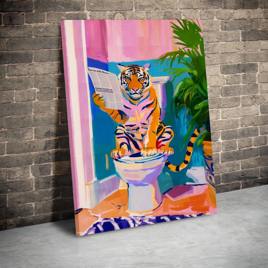 Tiger on Toilet Canvas Print | Funny Animal Reading Newspaper Art | Premium Gallery Wrapped Canvas | Unique Housewarming Gift for Bathroom