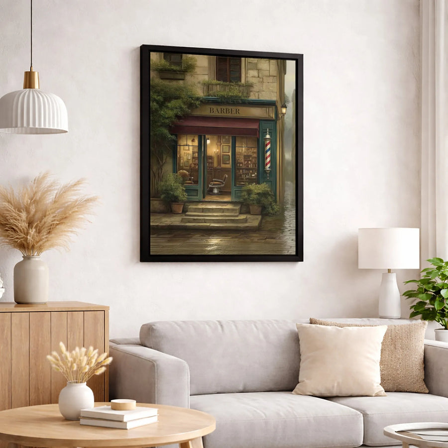 Vintage Barber Shop Canvas Wall Art | European Street Style Storefront Painting | Premium Gallery Wrap Print | Perfect Gift for Barbershop Decor