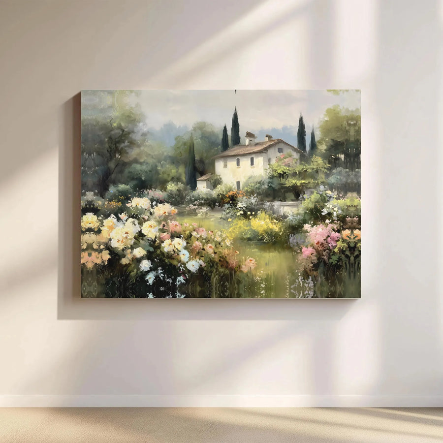 Tuscan Garden Villa Canvas Print | Impressionist Floral Landscape Art | Premium Gallery Wrapped Canvas | French Country Home Decor Gift