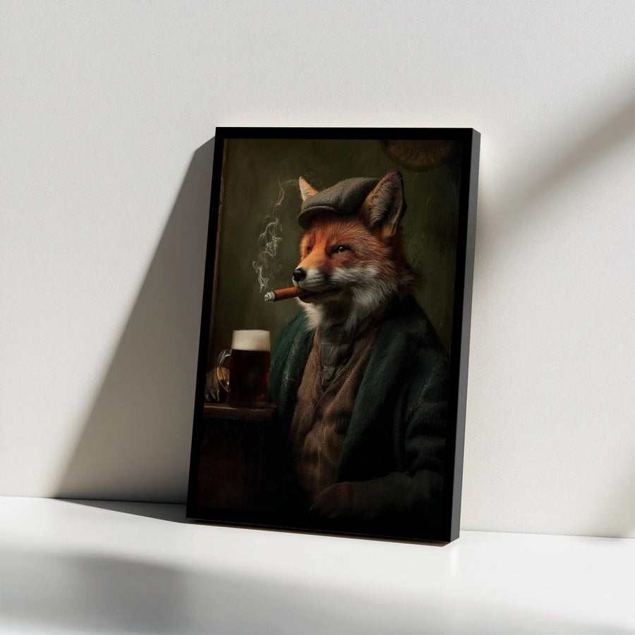 Gentleman Fox Canvas Wall Art | Fox Smoking Cigar Portrait | Premium Gallery Wrapped Canvas | Bar Decor Gift for Men