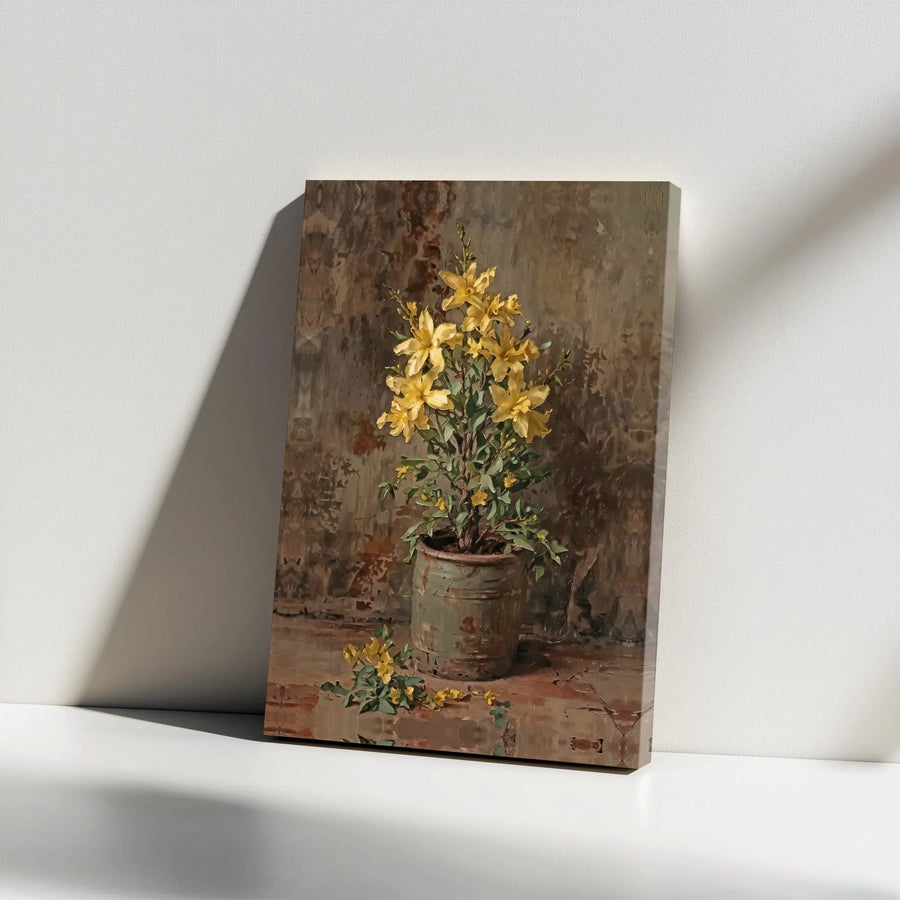 Vintage Botanical Canvas Print | Rustic Yellow Flower Still Life Painting | Premium Gallery Wrapped Canvas | Farmhouse Home Decor Gift