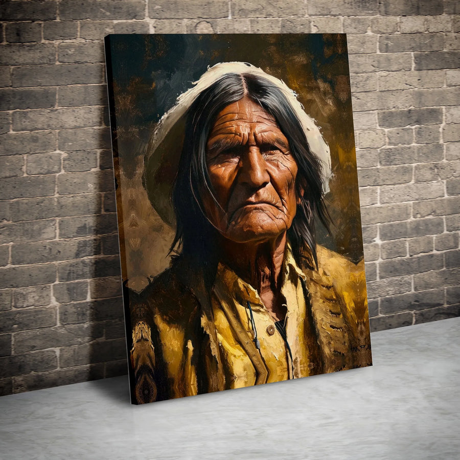 Native American Portrait Wall Art | Elderly Indigenous Man Oil Painting Style | Premium Gallery Canvas | Rustic Western Home Decor Gift
