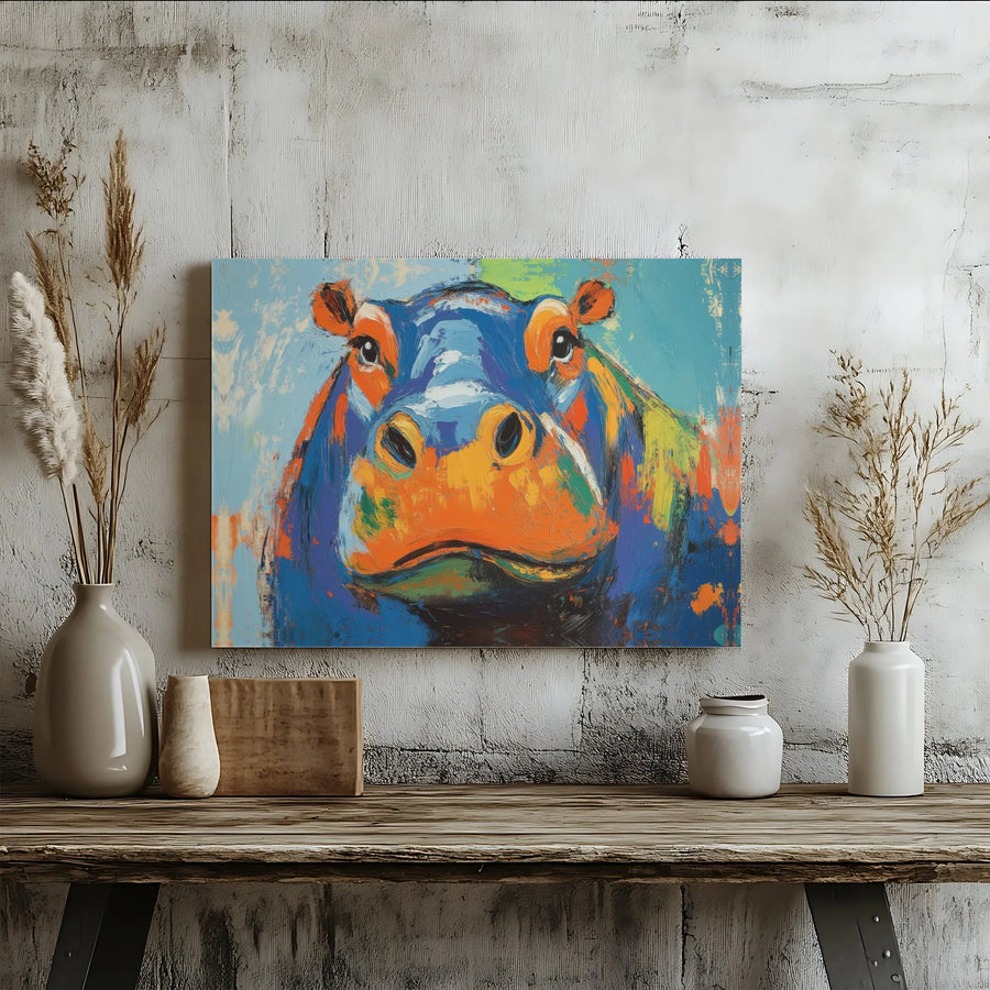 Abstract Hippopotamus Wall Art | Vibrant Palette Knife Style Oil Painting Print | Gallery-Wrapped Canvas | Animal Lover Home Decor Gift