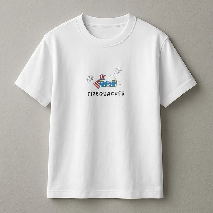 Firequacker T-Shirt | Funny Patriotic Goose Graphic Crewneck | Soft Cotton Blend | 4th of July USA Holiday Gift