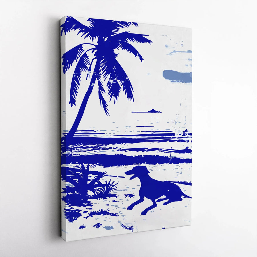 Greyhound Dog Wall Art | Tropical Beach Palm Tree Silhouette | Premium Canvas Gallery Wrap | Coastal Home Decor Gift for Dog Lovers