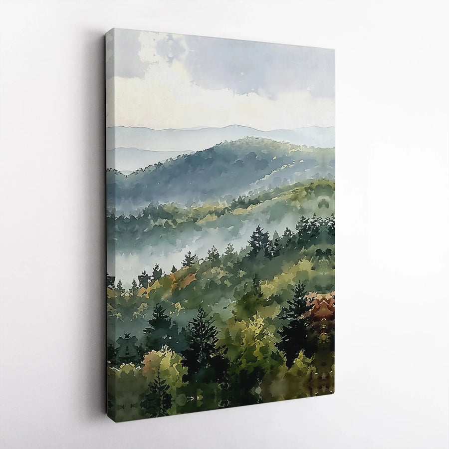 Misty Mountain Landscape Canvas Wall Art | Watercolor Pine Tree Forest Print | Premium Frameless Canvas | Living Room & Office Decor Gift