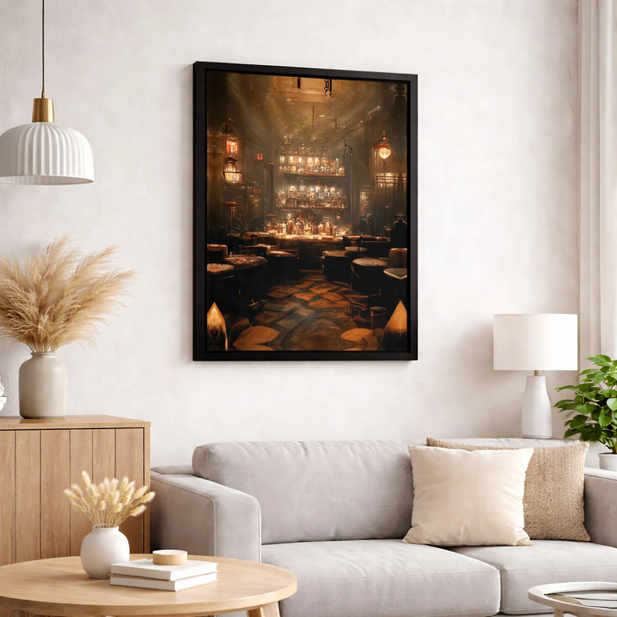 Speakeasy Bar Wall Art | Moody Vintage Pub Interior with Lanterns | Premium Gallery-Wrapped Canvas Print | Sophisticated Home Decor Gift