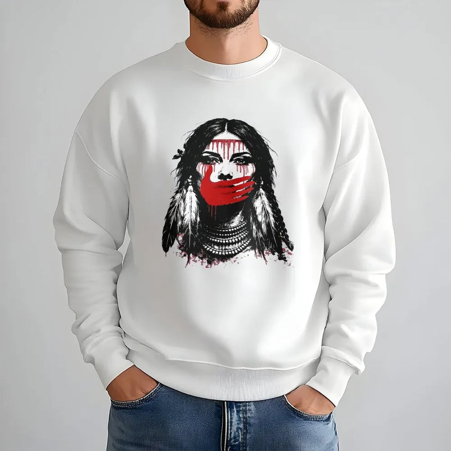 MMIW Awareness Sweatshirt | Red Handprint Native Woman Art | Premium Soft Cotton Tee | Missing and Murdered Indigenous Women Support Gift