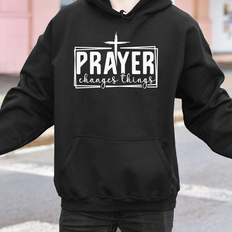 Prayer Changes Things Hoodie | Christian Faith Graphic Cross Design | Premium Cotton-Blend Sweatshirt | Religious Gift for Men and Women