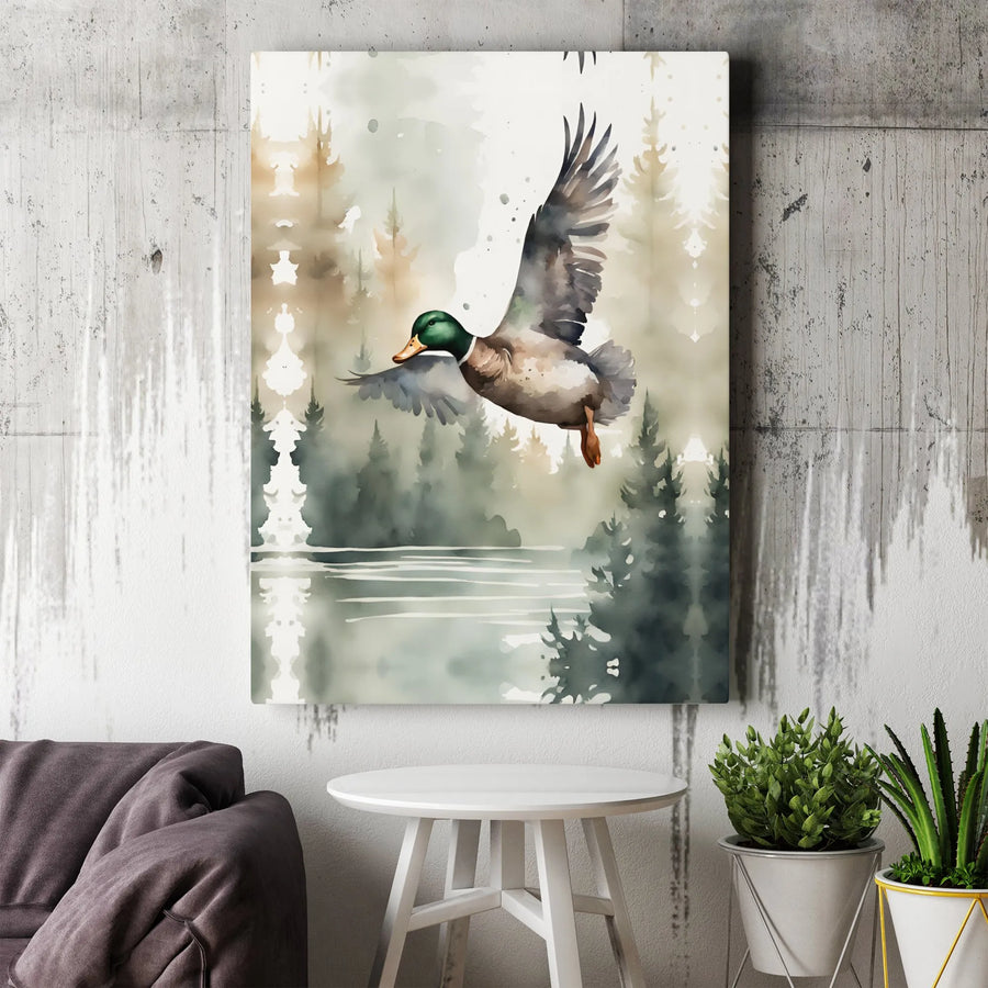 Mallard Duck Canvas Wall Art | Watercolor Flying Duck Print | Premium Gallery Wrapped Canvas | Rustic Cabin Decor Gift for Hunter