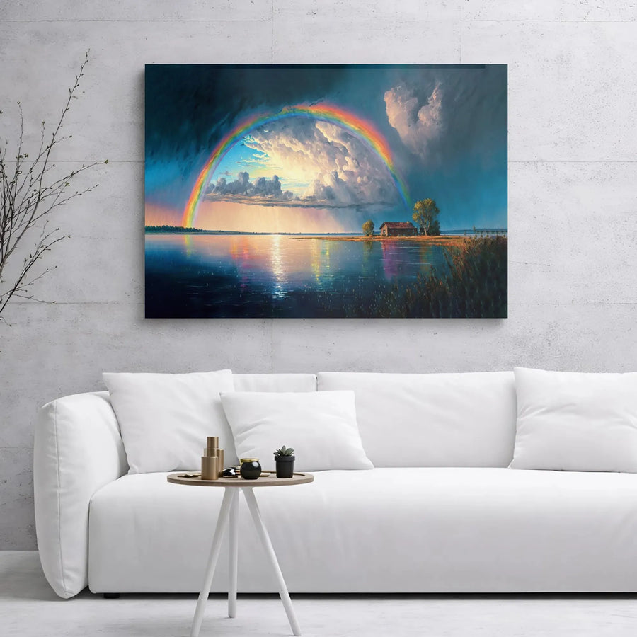 Rainbow Lake Landscape Canvas Art | Stormy Sky Cabin Wall Decor | Premium 1.25-Inch Gallery Wrap | Serene Nature Print for Living Room Home Office