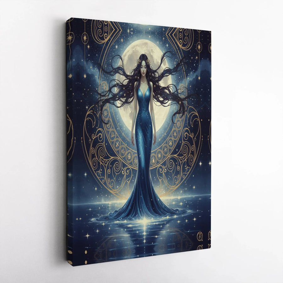 Moon Goddess Canvas Wall Art | Ethereal Night Sky with Gold Accents | Premium Gallery Wrapped Canvas | Spiritual Fantasy Decor Gift