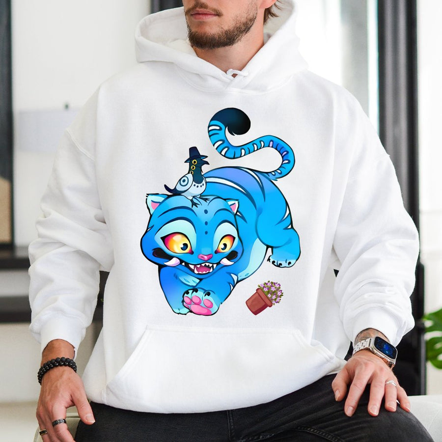 Derpy Blue Tiger Hoodie | Cute Cartoon Cat Graphic Art | Premium Cotton Blend Streetwear | Whimsical Animal Lover Gift for Teens and Adults