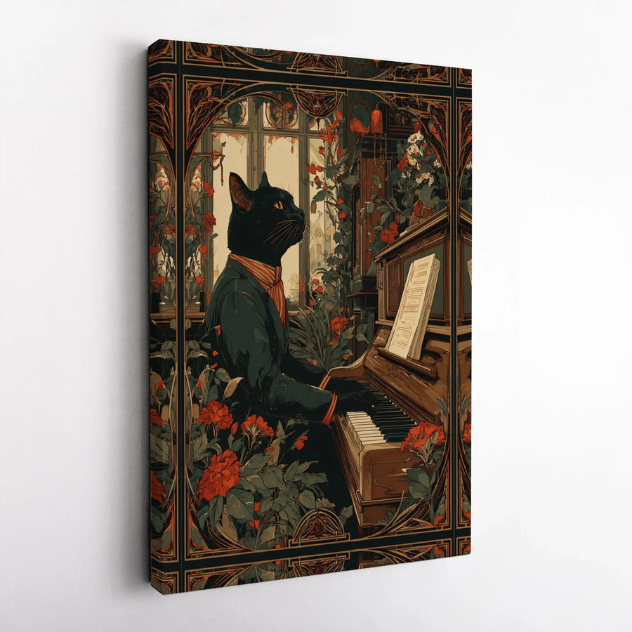 Art Nouveau Cat Canvas Wall Art | Pianist Cat in Floral Conservatory | Premium Canvas Print | Unique Gift for Cat Lovers & Musicians