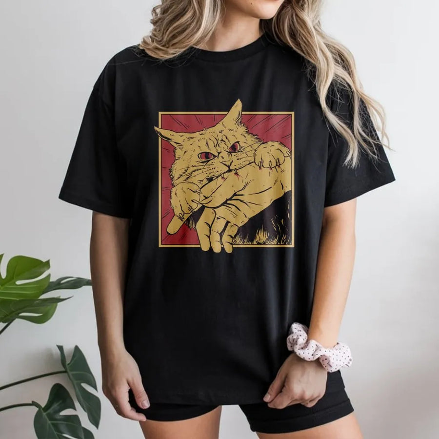 Cat Bite Graphic T-Shirt | Retro Horror Illustration | Premium Cotton Unisex Tee | Funny Gift for Cat Lovers
