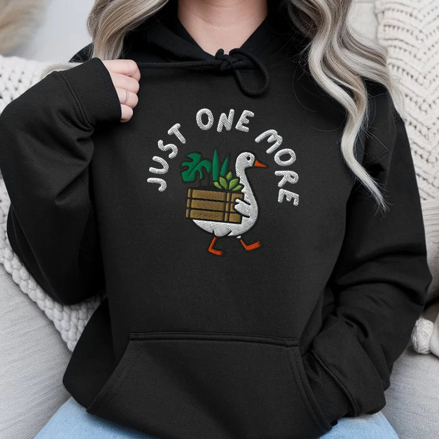 Funny Plant Lover Goose Hoodie | Botanical 'Just One More' Graphic Print | Soft Cotton Blend Pullover | Unique Gardener Gift for Plant Moms