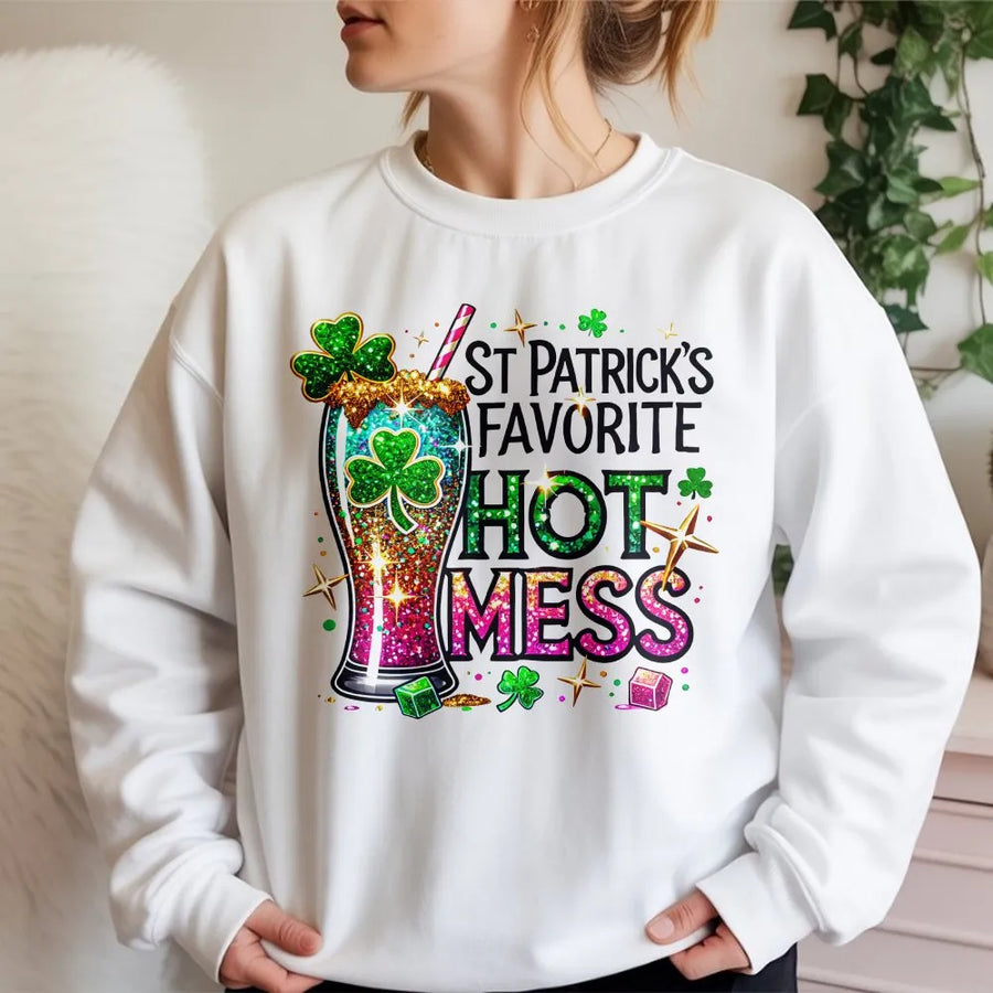 St. Patrick's Favorite Hot Mess Sweatshirt | Glitter Shamrock Drink Graphic | Unisex Premium Cotton Blend | Funny Irish Holiday Gift for Her