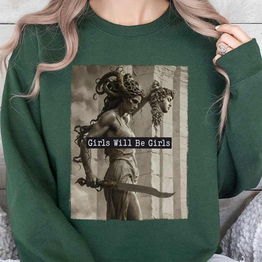 Medusa Graphic Sweatshirt | Girls Will Be Girls Feminist Art | Premium Cotton Blend Crewneck | Empowering Mythological Gift for Women