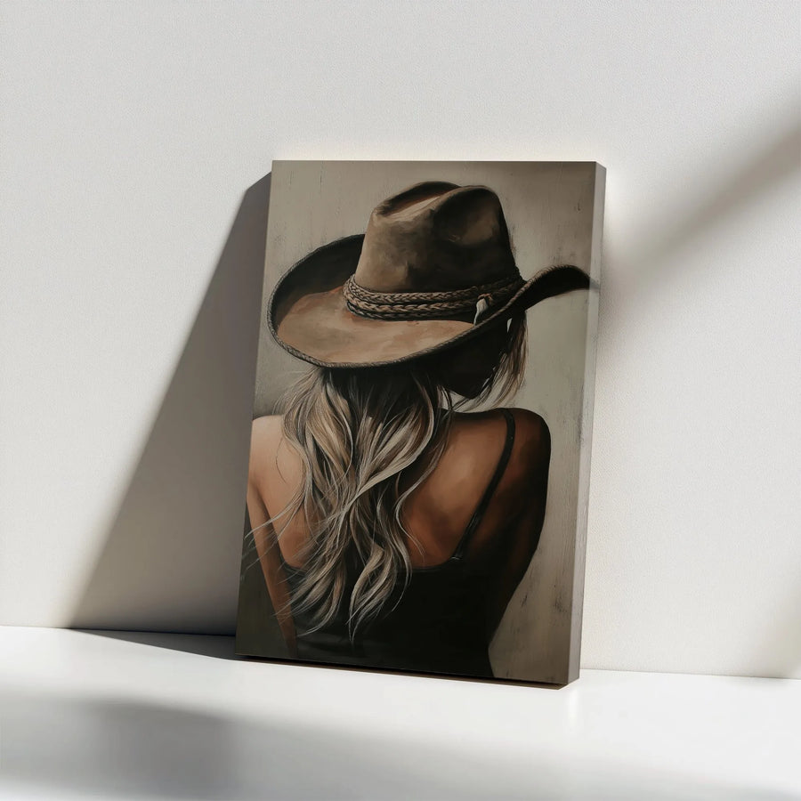 Western Cowgirl Vertical Canvas | Blonde Woman in Cowboy Hat Art | Premium Frameless Print | Modern Farmhouse & Rustic Home Decor Gift