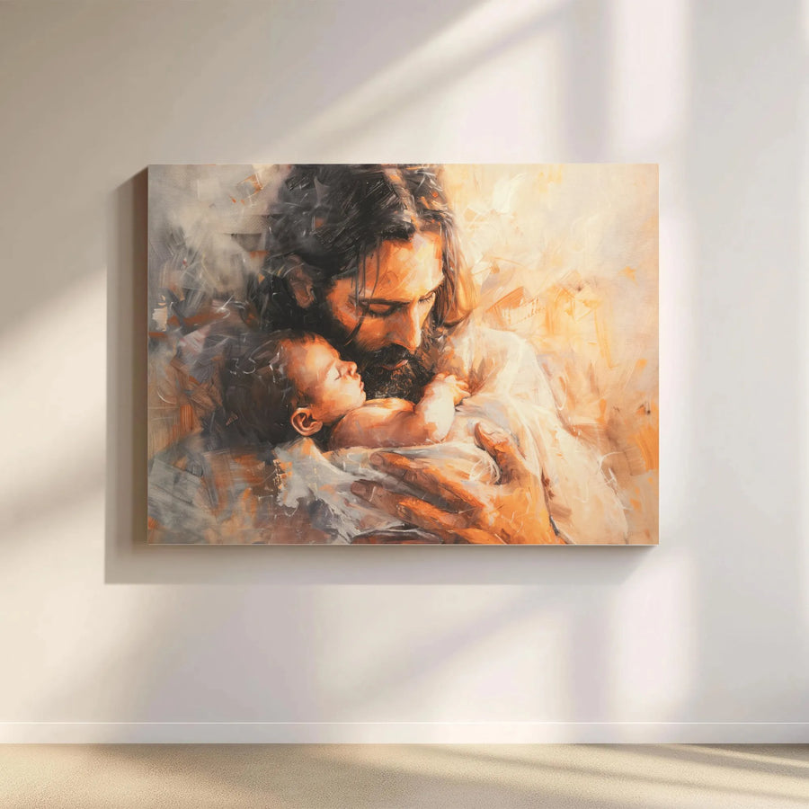 Jesus Holding Baby Canvas Art | Modern Religious Painting Print | Premium Gallery Wrapped Canvas | Spiritual Home Decor Gift