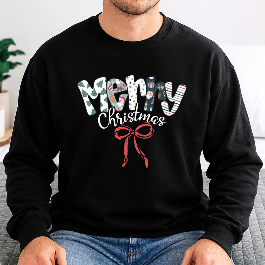 Merry Christmas Sweatshirt | Festive Pattern Lettering with Red Bow | Premium Cotton Blend | Cozy Holiday Gift for Women and Men