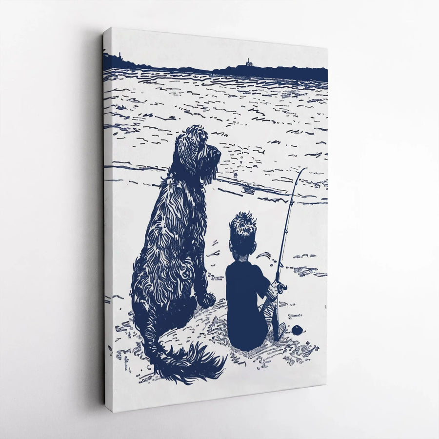 Boy and Dog Fishing Canvas Art | Coastal Beach Sketch Wall Decor | Gallery-Wrapped Premium Print | Sentimental Gift for Dog Lovers
