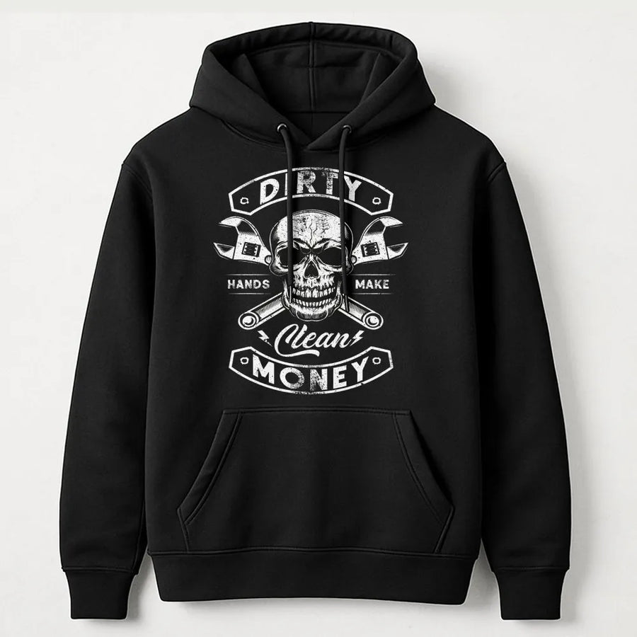 Dirty Hands Clean Money Hoodie | Skull Wrench Mechanic Graphic | Premium Cotton Blend Workwear | Gift For Blue Collar Tradesman