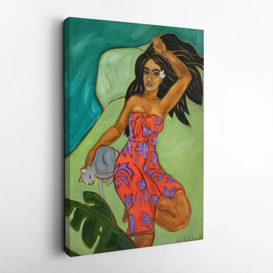 Polynesian Woman and Cat Canvas Print | Vibrant Tropical Portrait Painting | Premium Gallery Wrap Wall Art | Gift for Boho Home Decor