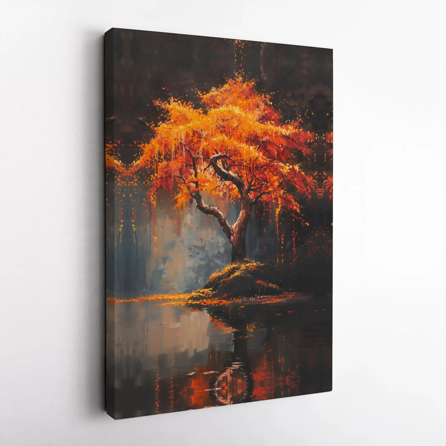 Autumn Tree Wall Art | Fiery Orange Lake Reflection Print | Gallery Quality 1.25" Stretched Canvas | Fall Nature Landscape Home Decor Gift
