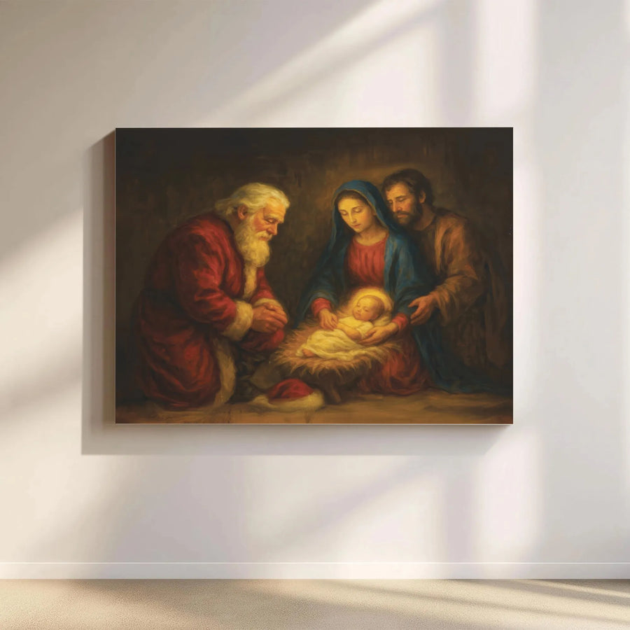 Santa Kneeling at Manger Canvas Print | Religious Nativity Scene Art | Premium Gallery-Wrap Wall Decor | Meaningful Christmas Gift for Home