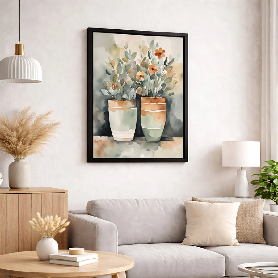 Watercolor Flower Pots Canvas Wall Art | Botanical Orange Floral Print | Premium Gallery Wrapped Decor | Modern Minimalist Living Room Gift