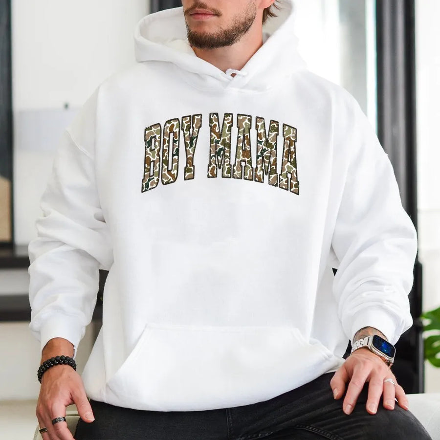 Boy Mama Hoodie | Camo Varsity Letter Graphic | Premium Cotton Blend | Gift for Boy Mom New Parent Apparel