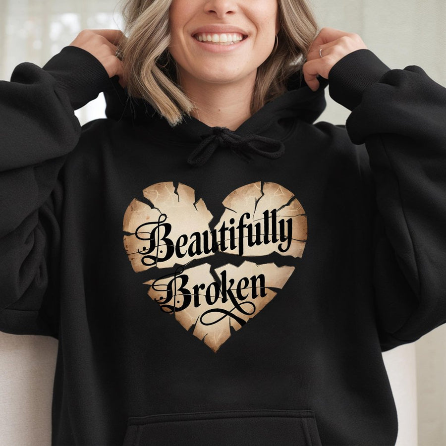 Beautifully Broken Heart Hoodie | Cracked Aesthetic Graphic Print | Soft Cotton-Poly Blend | Meaningful Gift For Her And Him