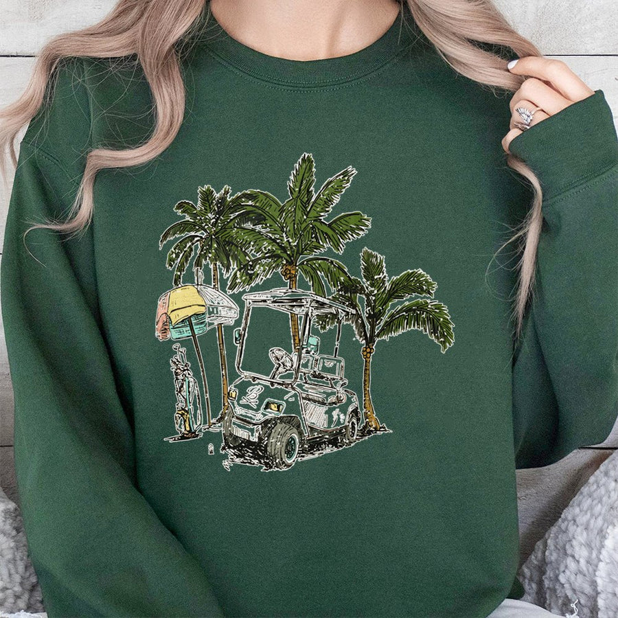 Tropical Golf Sweatshirt | Palm Tree Golf Cart Graphic | Premium Cotton Blend | Gift for Golfers & Beach Lovers