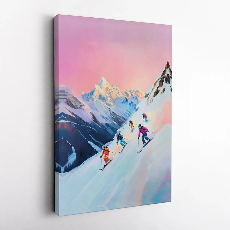 Skiing Wall Art Canvas Print | Vibrant Mountain Sunset Scene | Premium Gallery Canvas | Ski Lodge Decor Gift for Skier