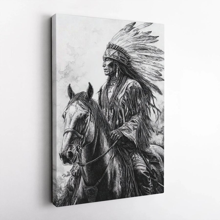 Native American Chief Wall Art | Warrior on Horseback Sketch Print | 1.25-Inch Gallery Canvas | Western Home Decor Gift