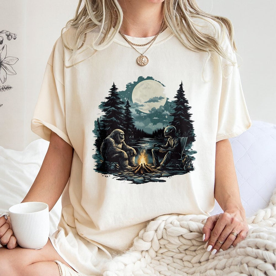Bigfoot and Alien T-Shirt | Campfire Camping Graphic Design | 100% Cotton Premium Tee | Unique Cryptid Lover Gift