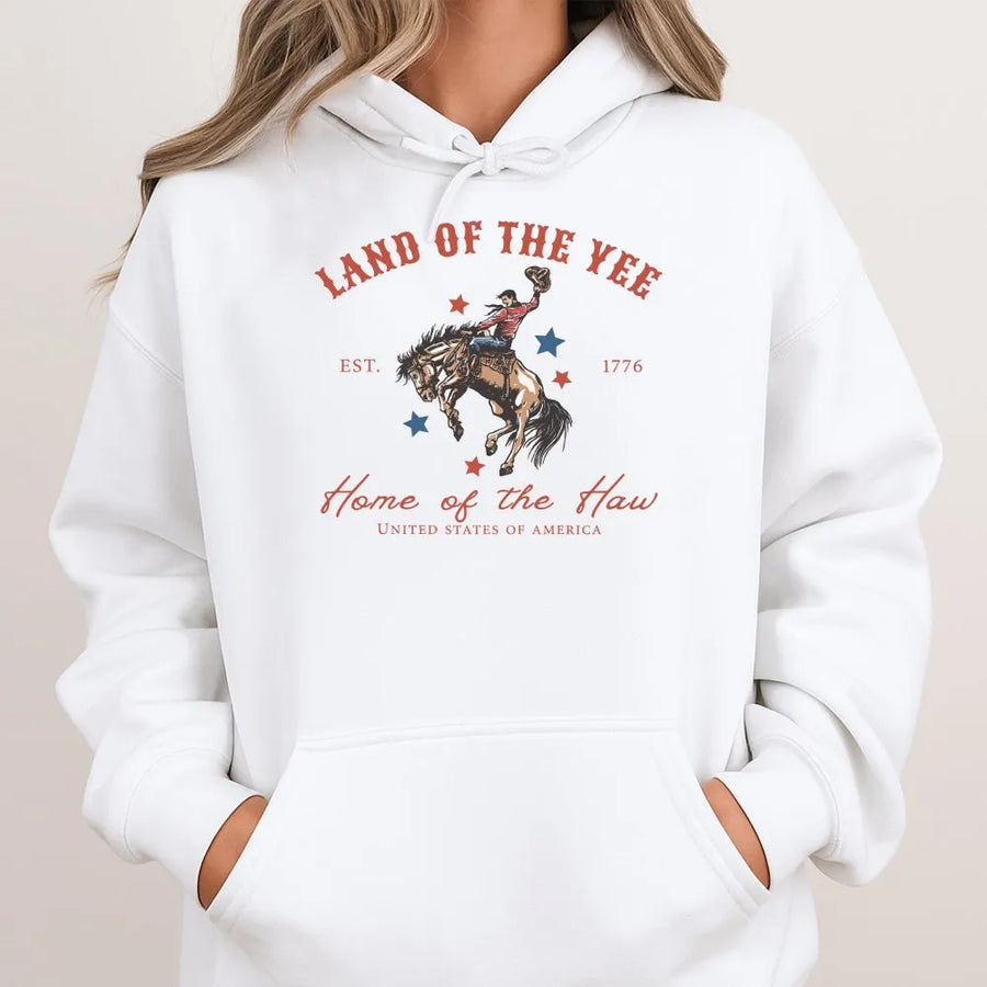 Yee Haw 4th of July Hoodie | Land Of The Yee Home Of The Haw | Vintage Western Cowboy Graphic | Patriotic USA Independence Day Gift
