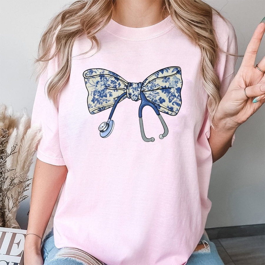 Nurse Stethoscope Bow T-Shirt | Floral Chinoiserie Aesthetic Print | Premium 100% Cotton Tee | Perfect Nursing Student Graduation Gift